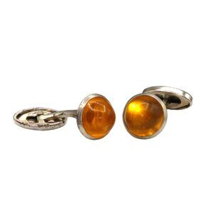 Antique Cufflinks Amber Lucite on Silver Tone, Bean Back with High Resin Dome
